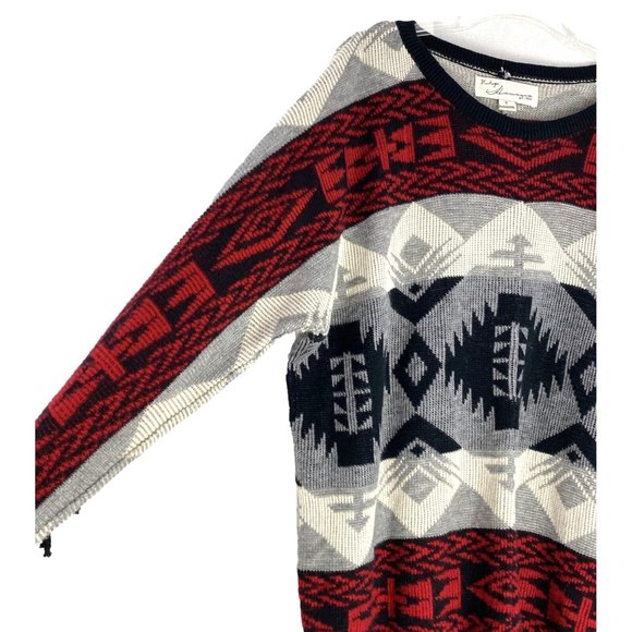 VINTAGE HAVANA Fringed Tribal Aztec Boho Sesign woman Sweater Charcoal- Red S - Picture 5 of 12